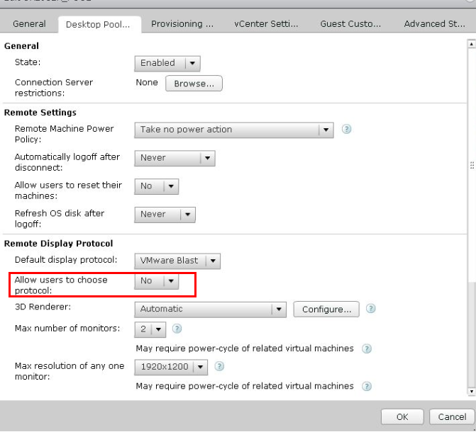 disable the provisioning of desktops vmware