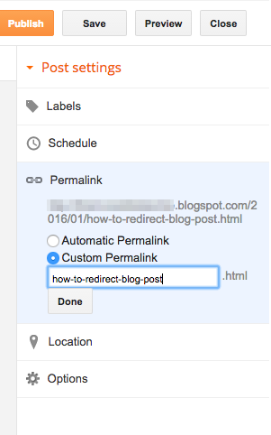 change blog post url in blogger - redirect blog post