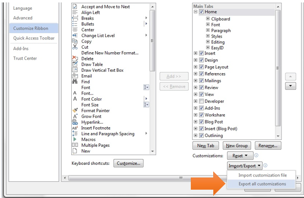 Customized ribbon and quick access toolbar Export all customization