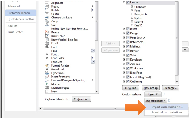 Customized ribbon and quick access toolbar import customization file