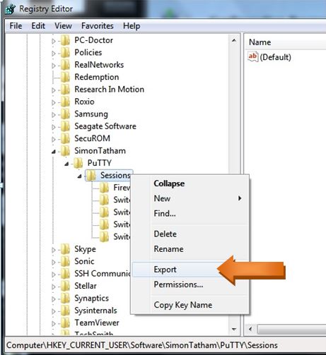 Transfer Putty sessions - export registry