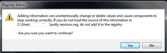 Transfer Putty sessions - registry editor confirmation