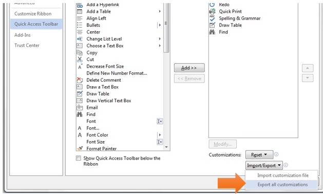 quick access toolbar Export and import