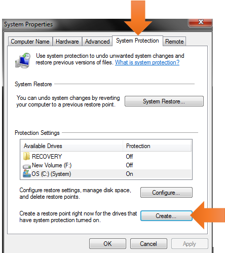 Windows system restore-system properties