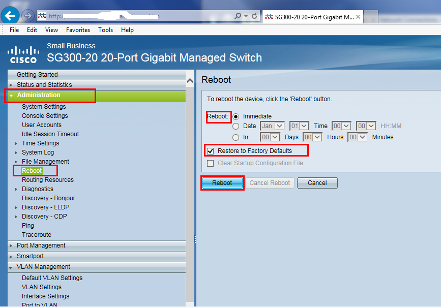 Reset Cisco SG300 switch to factory default