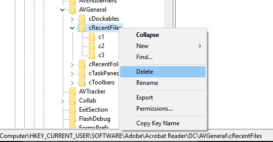 Adobe Reader delete Recent opened files